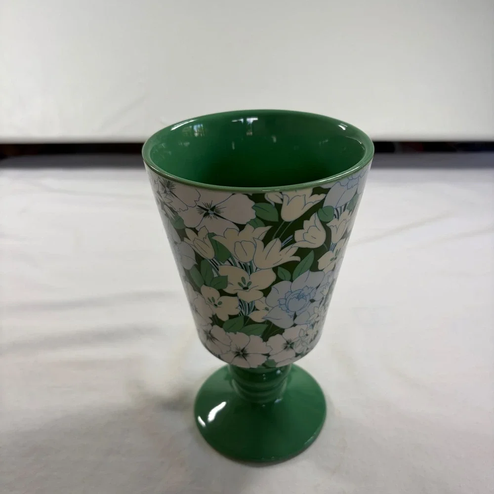 Anthropologie Floral Ceramic Goblet Green White Blue Pedestal Cup Vase